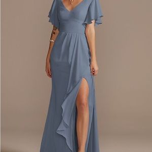 David’s bridal FLUTTER SLEEVE BRIDESMAID DRESS WITH CASCADE STEELBLUE size 14